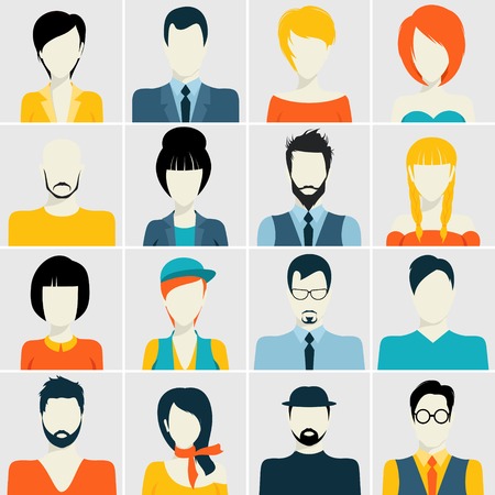 People avatar male and female human faces passport photo style icons set isolated illustrationのイラスト素材