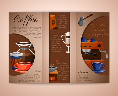 Coffee tri-fold brochure leaflet with cafe restaurant and home espresso cappuccino making illustrationのイラスト素材