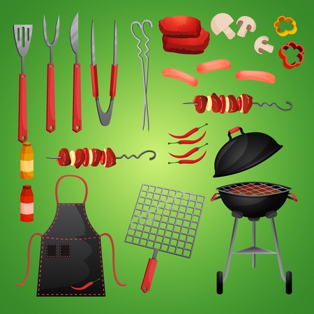 Meat and vegetables bbq food fire outdoor party decorative icons set isolated illustrationのイラスト素材