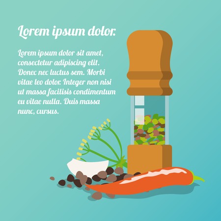 Pepper mill poster with dill garlic chili pepper spices flat set illustrationのイラスト素材