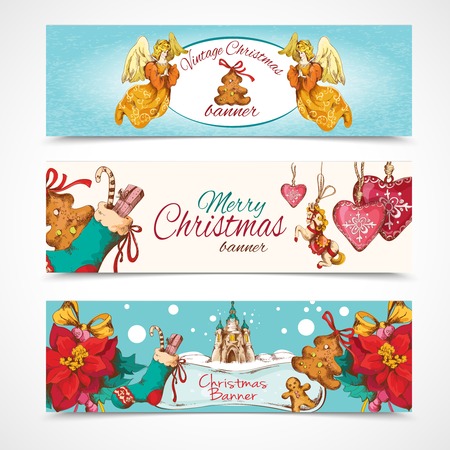 Vintage merry christmas new year holiday sketch horizontal banner colored set isolated illustrationのイラスト素材