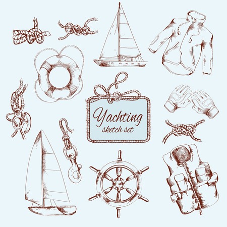 Yachting sea travel and sport decorative colored sketch icons set isolated illustrationのイラスト素材