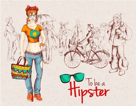 Hipster fashion trendy urban girl sketch character with people crowd background illustrationのイラスト素材