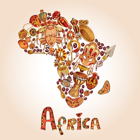 Africa sketch decorative icons in african continent shape travel concept illustrationのイラスト素材