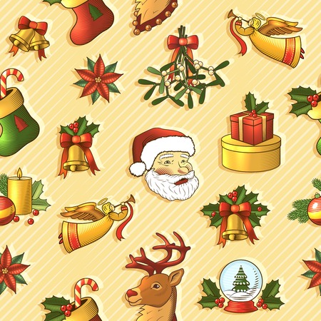 Christmas new year colored seamless pattern with deer sock gift boxes santa claus isolated illustrationのイラスト素材
