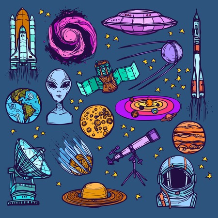 Space and astronomy sketch colored decorative icons set of satellite alien planets isolated illustrationのイラスト素材