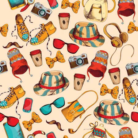 Hipster pack sketch coloder seamless pattern with retro fashion trendy accessories illustrationのイラスト素材