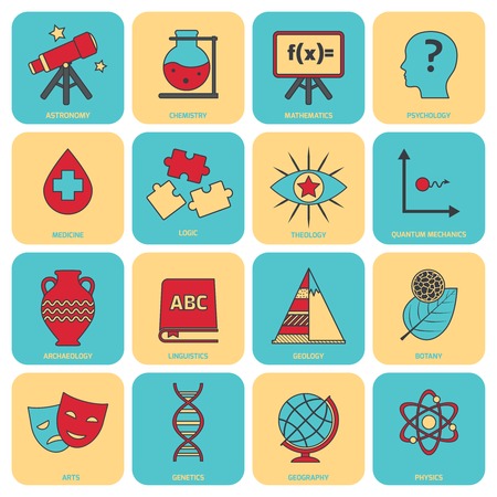 Science areas flat line icons set with astronomy chemistry mathematics symbols isolated illustrationのイラスト素材