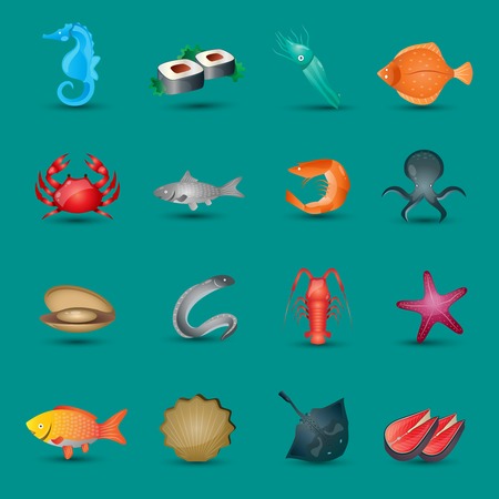 Seafood icons set with fish octopus shrimp stingray isolated illustrationのイラスト素材