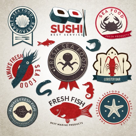 Seafood restaurant sushi service fresh products labels set isolated illustrationのイラスト素材