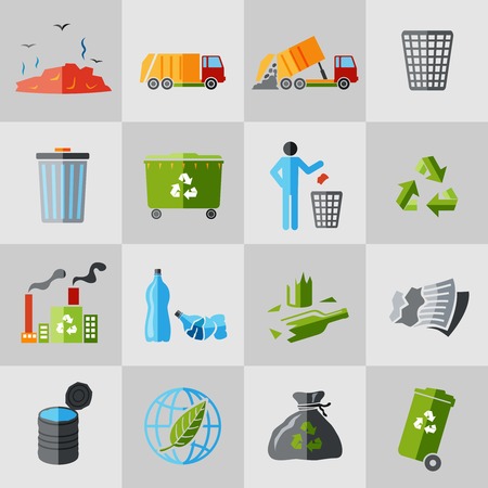 Garbage recycling icons flat set of basket waste isolated illustrationのイラスト素材