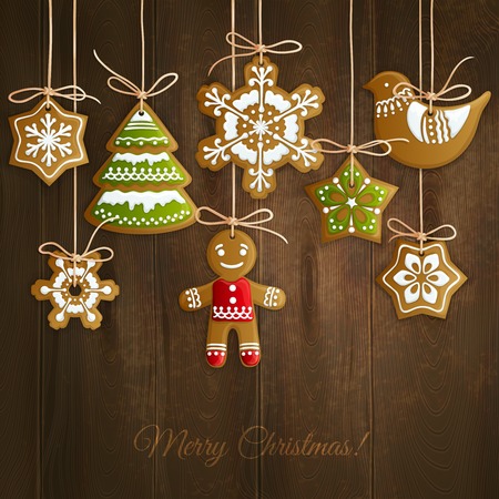 Merry christmas holiday decoration background with ginger man snowflakes and tree cookies illustrationのイラスト素材