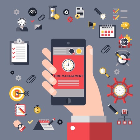 Time management concept with hand holding mobile phone and successful business planning elements illustrationのイラスト素材