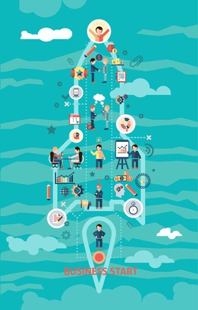 Business start concept with rocket and management presentation and development icons illustrationのイラスト素材