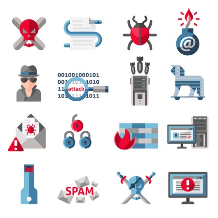 Hacker activity computer and e-mail spam viruses icons set isolated illustrationのイラスト素材