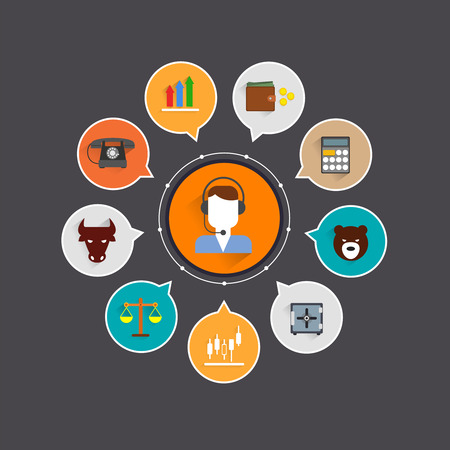 Finance exchange icons set with office business balance and trader avatar illustrationのイラスト素材
