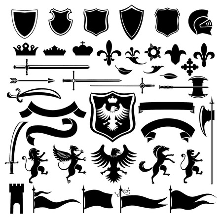 Heraldic medieval vintage set black decorative icons set with crown shield arabesque isolated illustrationのイラスト素材