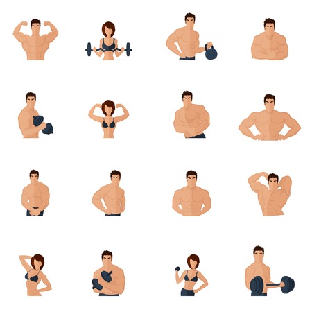 Bodybuilding fitness gym icons flat set with strong men and women figures lifting iron isolated illustrationのイラスト素材