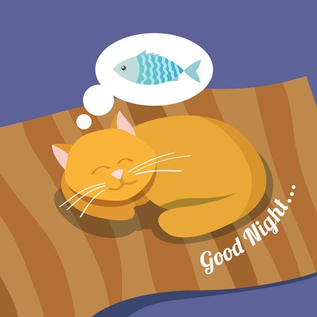 Sleeping cute cat dreaming about fish good night background poster illustrationのイラスト素材