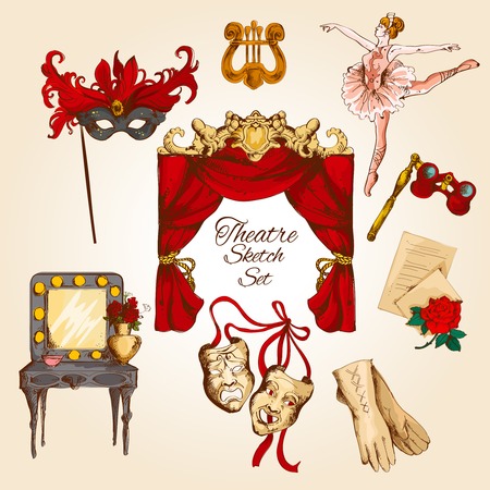 Theatre acting performance colored sketch decorative icons set with ballerina curtain gloves isolated illustrationのイラスト素材