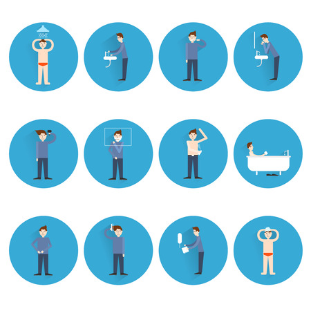 Hygiene icons flat set with man figures facial and body care isolated illustrationのイラスト素材