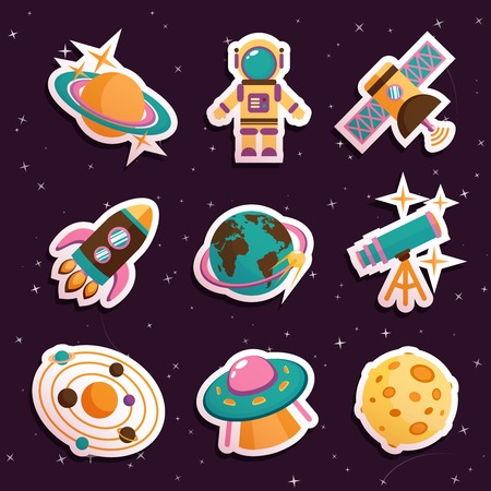 Space and astronomy stickers set with solar system ufo moon isolated vector illustrationのイラスト素材