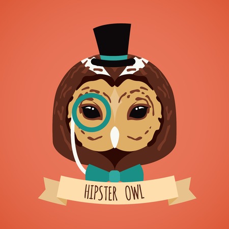 Animal owl with monocle hat and bow tie hipster character portrait vector illustrationのイラスト素材