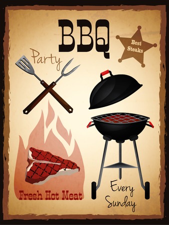 Bbq party fresh hot meat best steaks grill menu advertising poster vector illustration.のイラスト素材