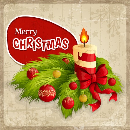 Merry christmas holiday retro poster with burning candle and traditional decoration vector illustrationのイラスト素材