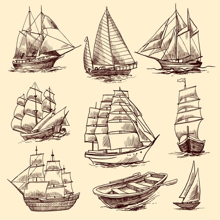 Sailing tall ships yachts and boat sketch decorative elements isolated vector illustrationのイラスト素材