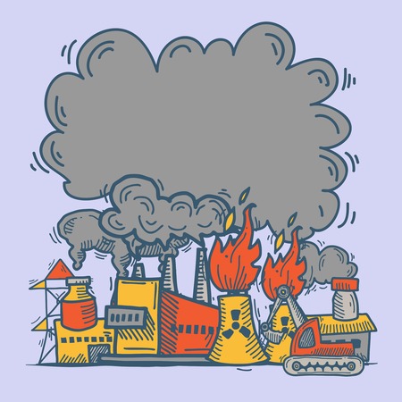 Industrial colored sketch background template set with smoking plants pipes vector illustrationのイラスト素材