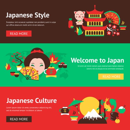 Japan symbols style and culture banner set with traditional food and travel icons vector illustrationのイラスト素材