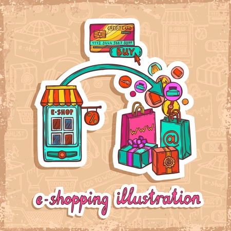 Internet shopping e-commerce online purchase payment system sketch sticker design concept vector illustrationのイラスト素材