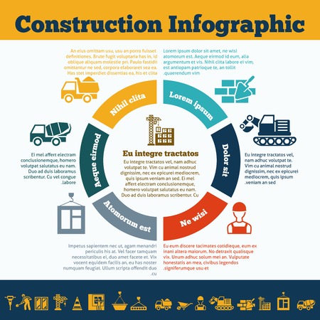 Building construction mason work team management presentation infographic circle chart with truck crane equipment symbols vector illustrationのイラスト素材