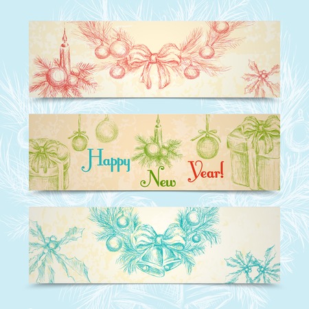 Merry christmas happy new year sketch horizontal banner set with holiday decoration isolated vector illustrationのイラスト素材