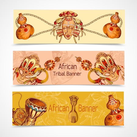 Africa safari ethnic tribal culture travel sketch colored horizontal banner set isolated vector illustrationのイラスト素材