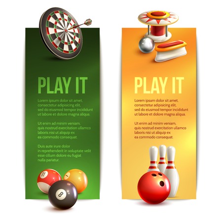 Game realistic vertical banner set with bowling pinball billiard darts isolated vector illustrationのイラスト素材
