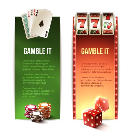 Casino gamble it vertical banners set with cards chips slot machine dice isolated vector illustrationのイラスト素材