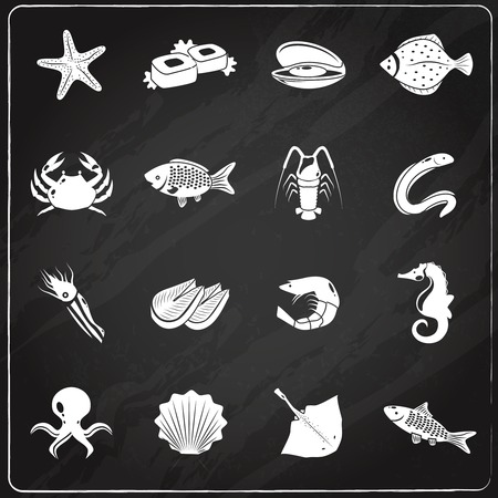 Seafood icons chalkboard set with sushi sea food restaurant menu isolated vector illustrationのイラスト素材