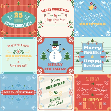 Merry christmas and happy new year holiday decoration greetings cards set isolated vector illustrationのイラスト素材