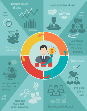 Business meeting infographic set with pie chart and businessman avatar vector illustrationのイラスト素材