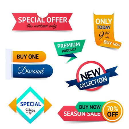 Discount premium product special offer retro color origami ribbon banner set isolated vector illustrationのイラスト素材