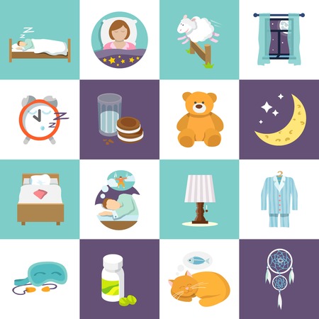Sleep time icons flat set with bed alarm clock mask isolated vector illustration.のイラスト素材