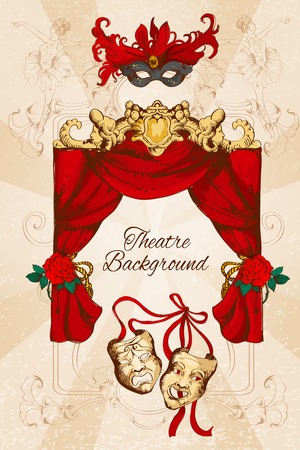 Theatre acting performance colored sketch decorative background with scene curtain and masks vector illustrationのイラスト素材