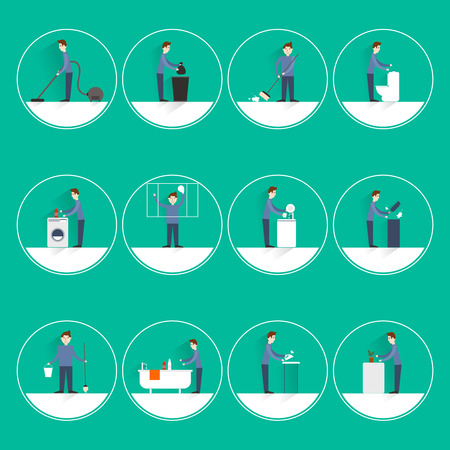 Cleaning people flat round button icons set with vacuuming garbage throwing sweeping isolated vector illustrationのイラスト素材