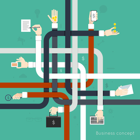 Human hands holding different devices flat line abstract business concept vector illustrationのイラスト素材