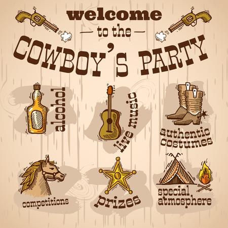 Wild west cowboy hand drawn party set with alcohol live music authentic costume vector illustrationのイラスト素材