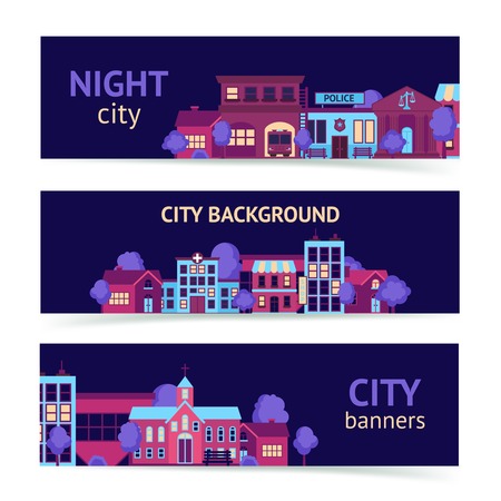 City night scape town architecture banner set horizontal isolated vector illustrationのイラスト素材