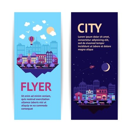 City night scape night and day town architecture vertical banner set isolated vector illustrationのイラスト素材