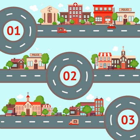 City streets roads infographic set with retro urban buildings vector illustrationのイラスト素材